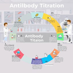 An informative and visually engaging illustration depicting the 11 steps of an Antibody Titration laboratory testing process