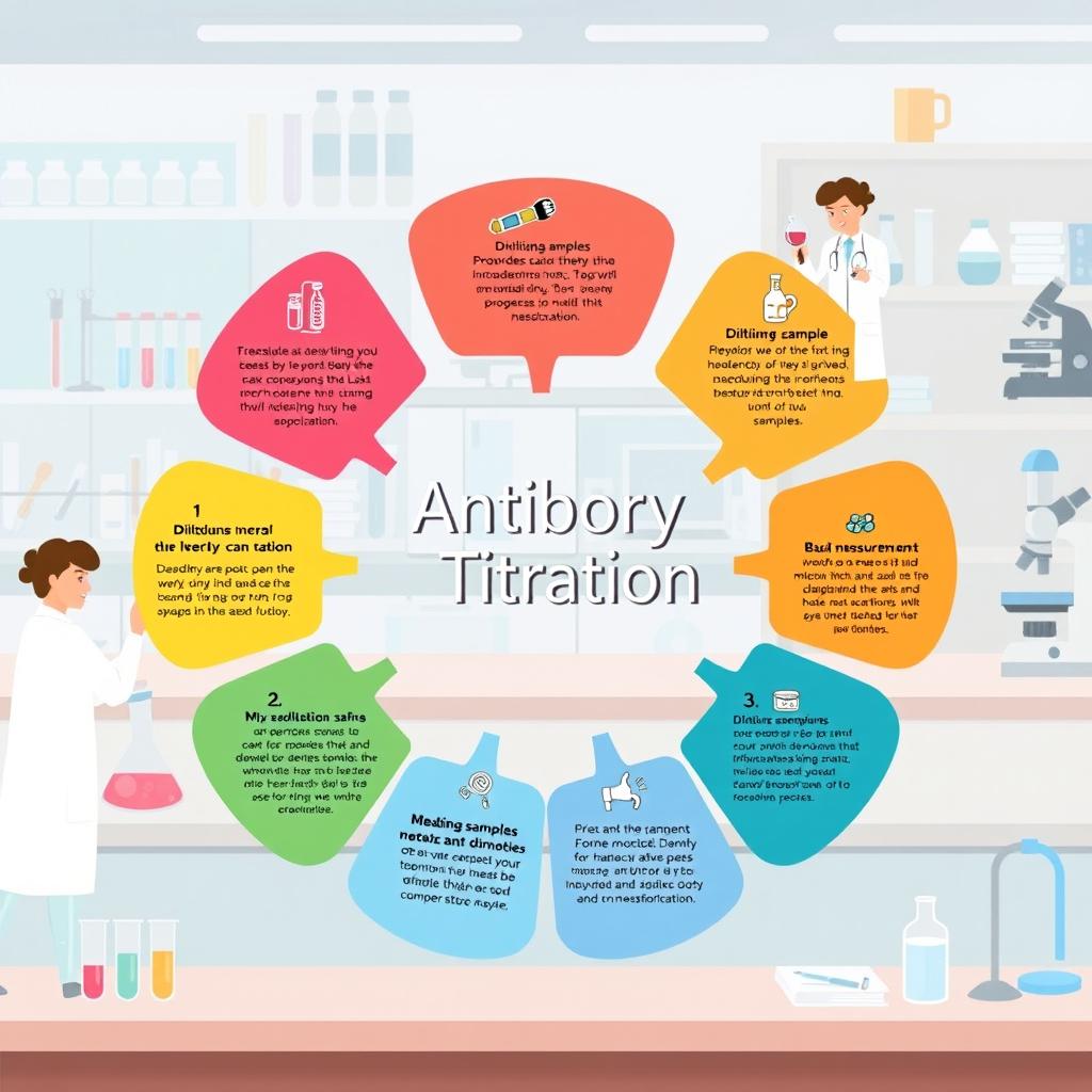 An informative and visually engaging illustration depicting the 11 steps of an Antibody Titration laboratory testing process