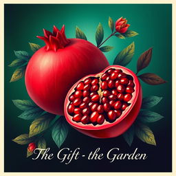 A vibrant and artistic poster featuring a pomegranate, showcasing its rich red color and juicy seeds