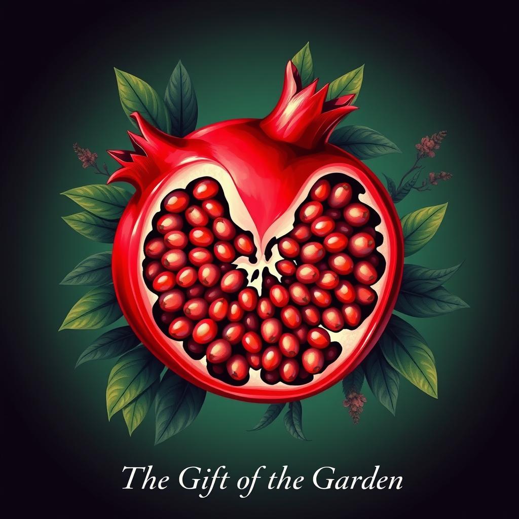 A vibrant and artistic poster featuring a pomegranate, showcasing its rich red color and juicy seeds