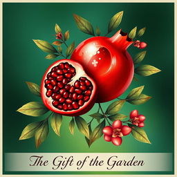 A vibrant and artistic poster featuring a pomegranate, showcasing its rich red color and juicy seeds