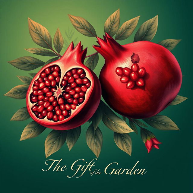 A vibrant and artistic poster featuring a pomegranate, showcasing its rich red color and juicy seeds