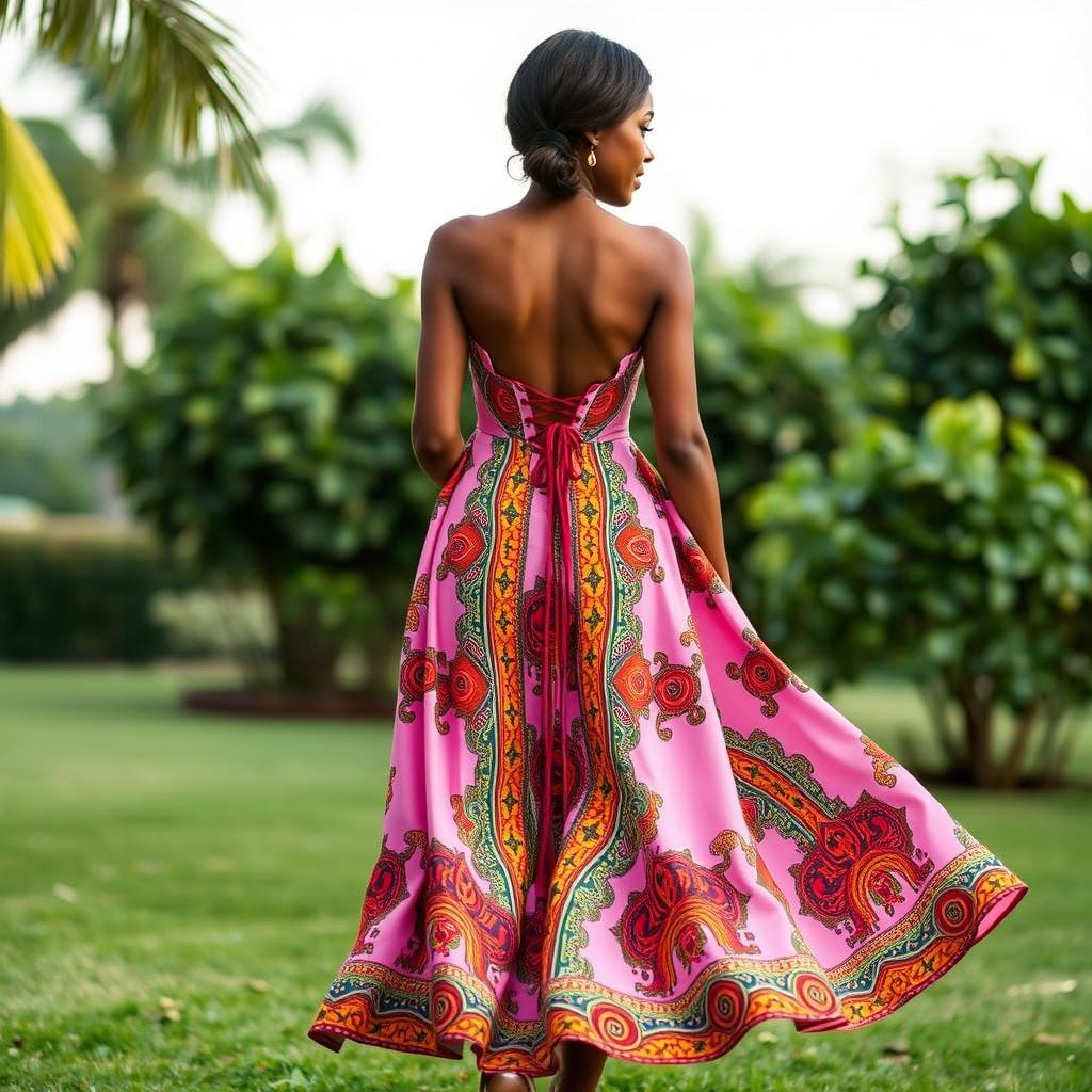 An elegant pink African pattern dress with vibrant tribal prints