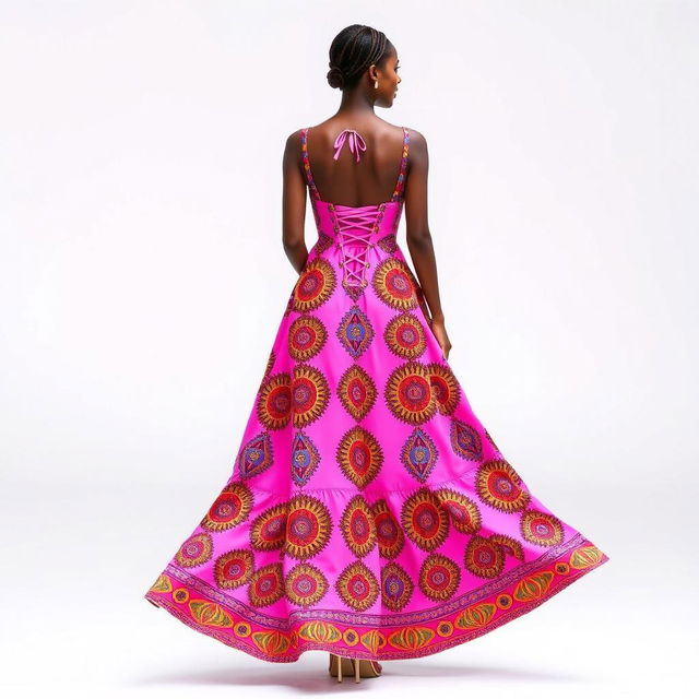An elegant pink African pattern dress with vibrant tribal prints