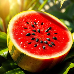 A vibrant and realistic depiction of a juicy watermelon, sliced open to reveal its bright red flesh and black seeds, with glistening droplets of water on its outer rind, surrounded by tropical leaves and sunlit background, evoking a refreshing summer vibe