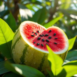 A vibrant and realistic depiction of a juicy watermelon, sliced open to reveal its bright red flesh and black seeds, with glistening droplets of water on its outer rind, surrounded by tropical leaves and sunlit background, evoking a refreshing summer vibe