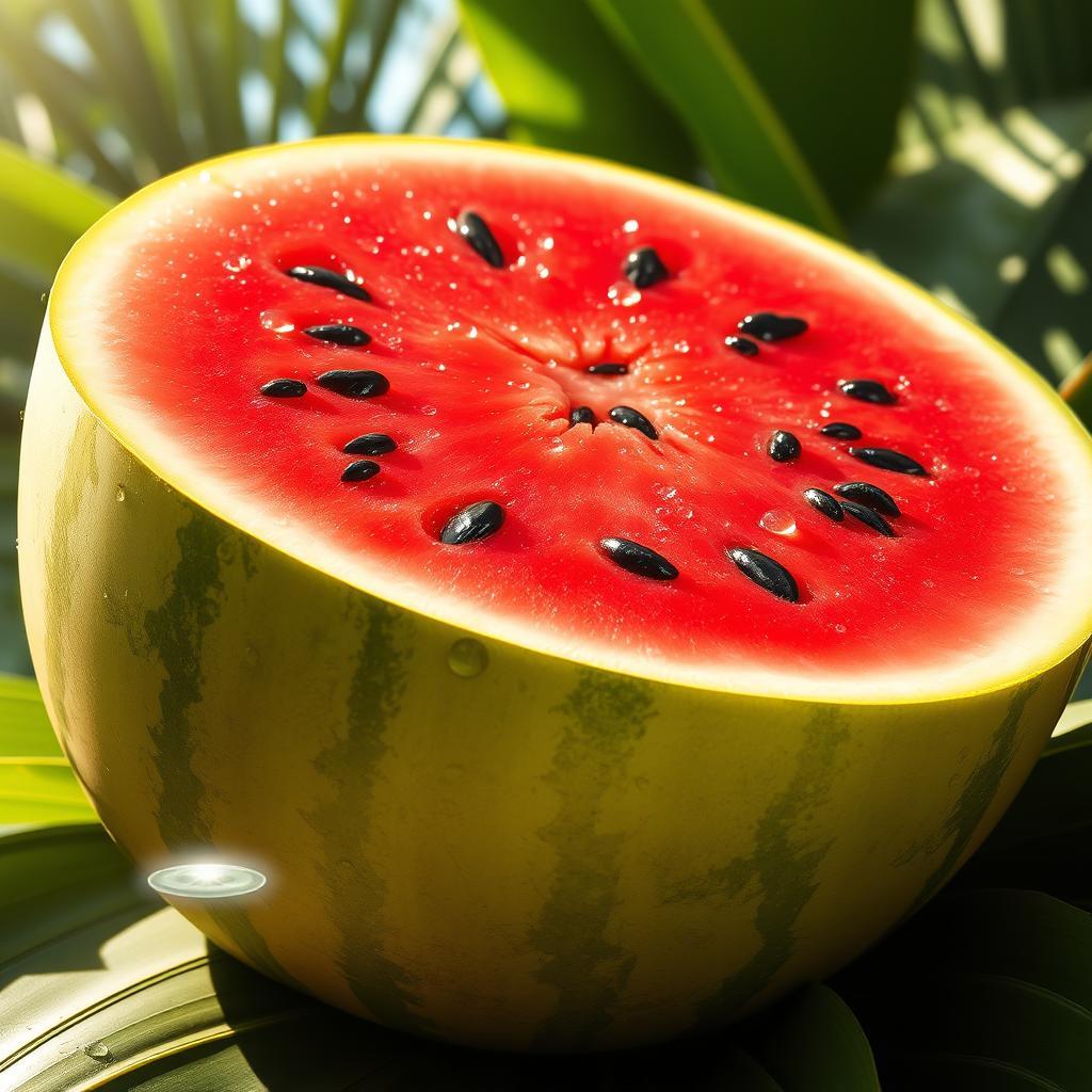 A vibrant and realistic depiction of a juicy watermelon, sliced open to reveal its bright red flesh and black seeds, with glistening droplets of water on its outer rind, surrounded by tropical leaves and sunlit background, evoking a refreshing summer vibe