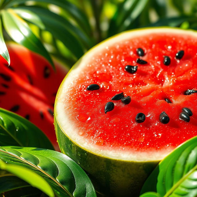 A vibrant and realistic depiction of a juicy watermelon, sliced open to reveal its bright red flesh and black seeds, with glistening droplets of water on its outer rind, surrounded by tropical leaves and sunlit background, evoking a refreshing summer vibe