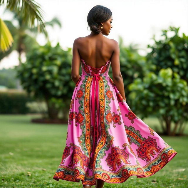 A stunning pink African pattern dress showcasing vibrant cultural prints