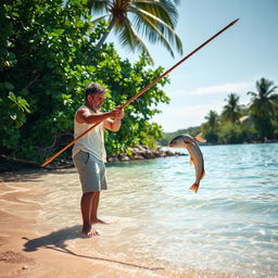 A man catching fish in shallow waters using a handmade spear, standing barefoot on the sandy shore