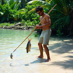 A man catching fish in shallow waters using a handmade spear, standing barefoot on the sandy shore