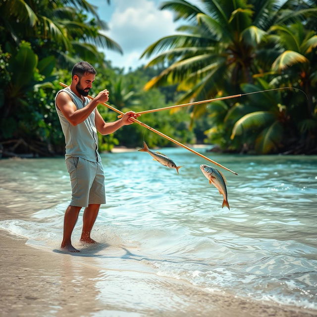 A man catching fish in shallow waters using a handmade spear, standing barefoot on the sandy shore