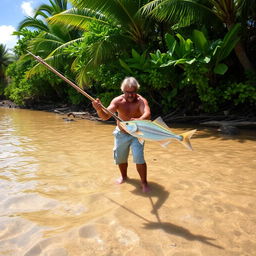 A man catching fish in shallow waters using a handmade spear, standing barefoot on the sandy shore
