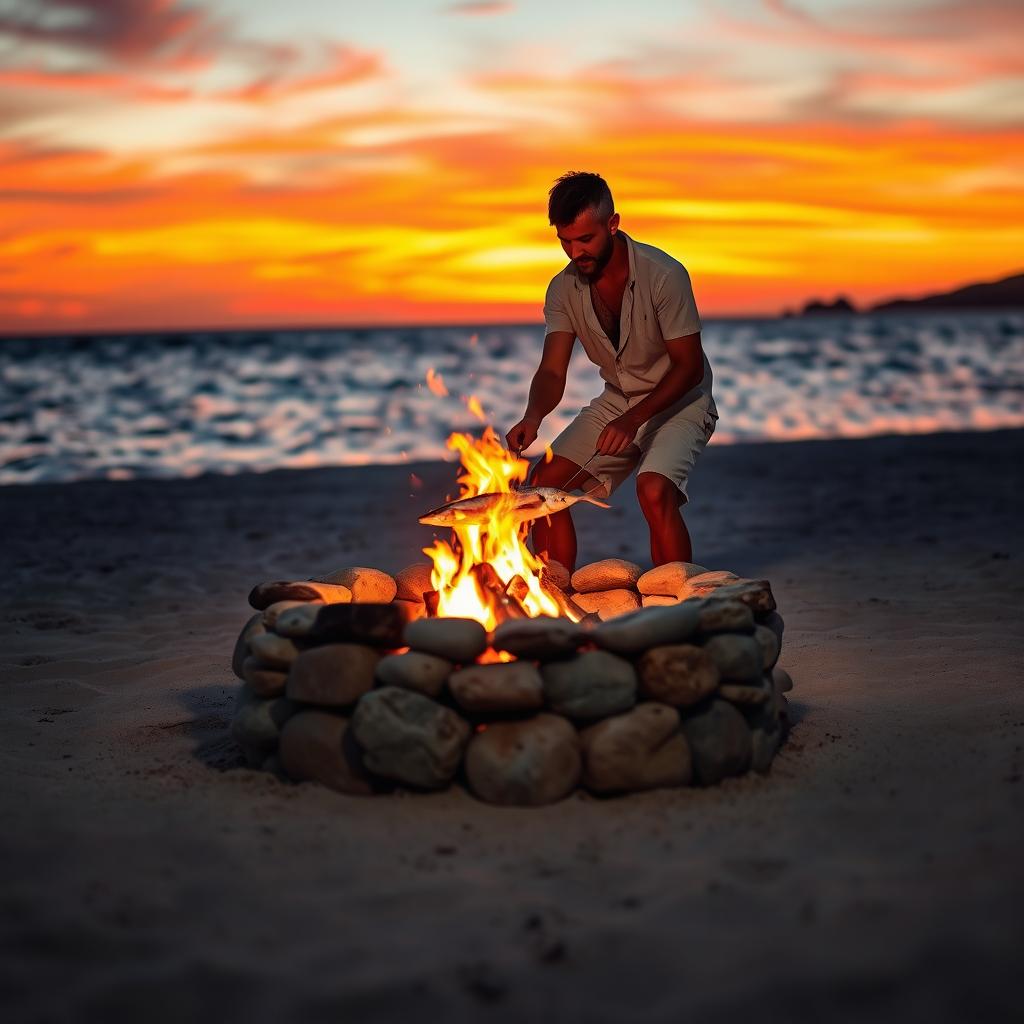 A serene scene featuring a man carefully roasting fish over a small fire pit constructed from natural stones