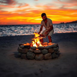 A serene scene featuring a man carefully roasting fish over a small fire pit constructed from natural stones