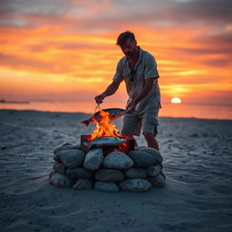 A serene scene featuring a man carefully roasting fish over a small fire pit constructed from natural stones