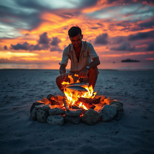 A serene scene featuring a man carefully roasting fish over a small fire pit constructed from natural stones