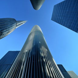 A massive, architecturally stunning skyscraper reaching up into a clear blue sky, casting long shadows around it.