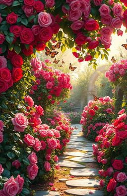 A vibrant garden filled with an abundance of colorful flowers in full bloom, symbolizing deep passion and romance