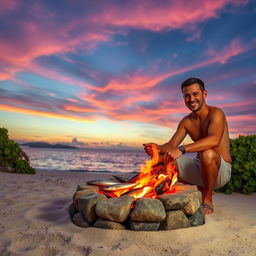 A man expertly roasting fresh fish over a small fire pit constructed with stones on a deserted island, vibrant red and orange flames flickering warmly against the backdrop of a stunning sunset