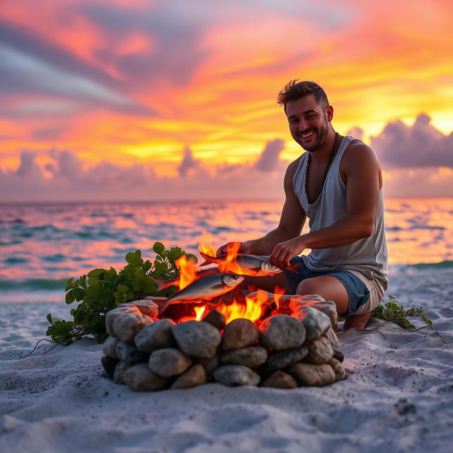 A man expertly roasting fresh fish over a small fire pit constructed with stones on a deserted island, vibrant red and orange flames flickering warmly against the backdrop of a stunning sunset