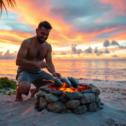 A man expertly roasting fresh fish over a small fire pit constructed with stones on a deserted island, vibrant red and orange flames flickering warmly against the backdrop of a stunning sunset