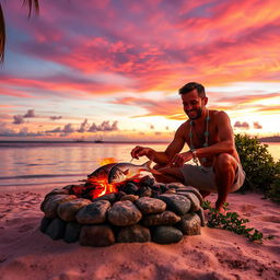 A man expertly roasting fresh fish over a small fire pit constructed with stones on a deserted island, vibrant red and orange flames flickering warmly against the backdrop of a stunning sunset