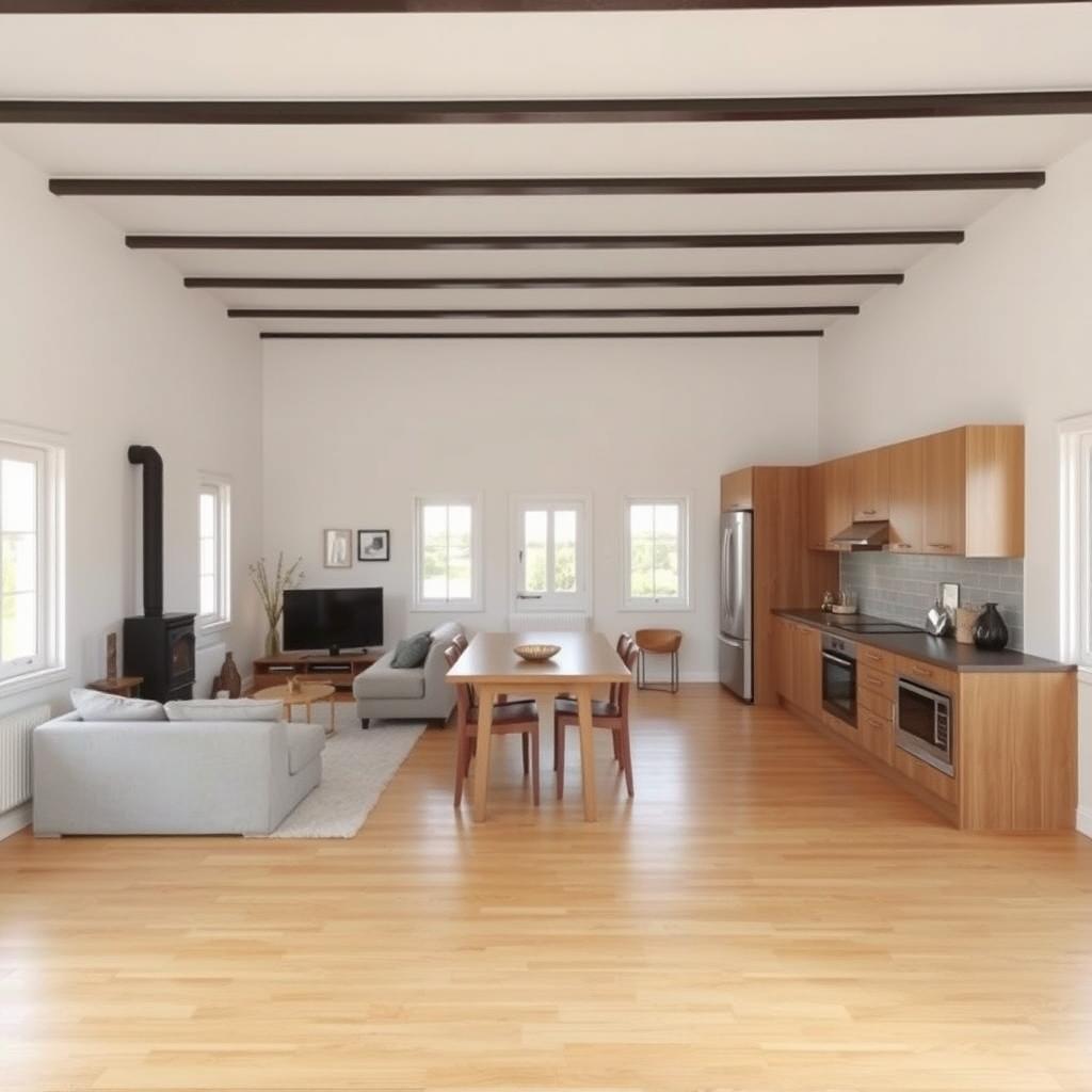 A spacious living room and kitchen area designed as a single environment, viewed from the main entrance