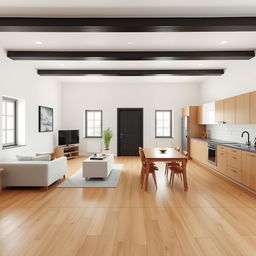 A spacious living room and kitchen area designed as a single environment, viewed from the main entrance