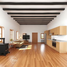 A spacious living room and kitchen area designed as a single environment, viewed from the main entrance