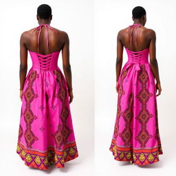 A stunning pink dress featuring a low back, designed with a corset that highlights the waist