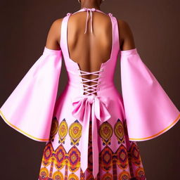 A stunning pink dress featuring a low back, designed with a corset that highlights the waist