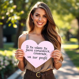 A stunning 30-year-old woman with long, flowing hair stands confidently holding a heart-shaped sign that reads: "Si tu veux faire connaissance, va sur mon profil"