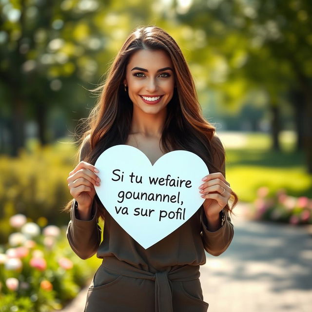 A stunning 30-year-old woman with long, flowing hair stands confidently holding a heart-shaped sign that reads: "Si tu veux faire connaissance, va sur mon profil"