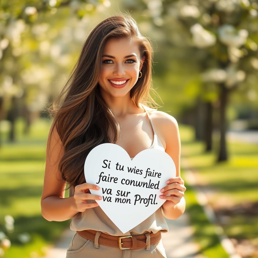 A stunning 30-year-old woman with long, flowing hair stands confidently holding a heart-shaped sign that reads: "Si tu veux faire connaissance, va sur mon profil"