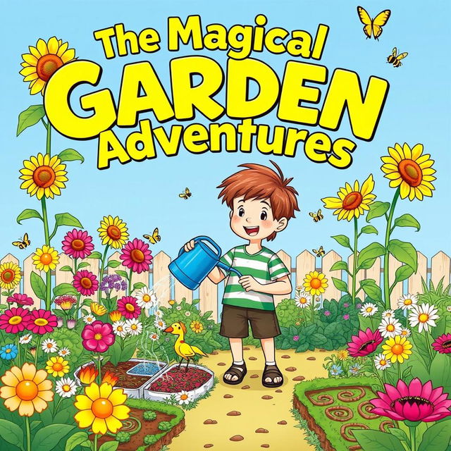 A vibrant comic cover illustrating a whimsical garden created by a young boy