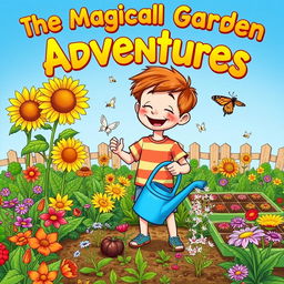 A vibrant comic cover illustrating a whimsical garden created by a young boy