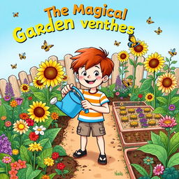 A vibrant comic cover illustrating a whimsical garden created by a young boy