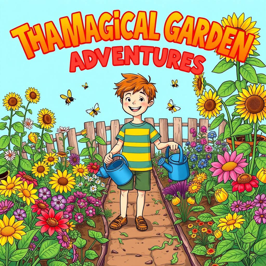 A vibrant comic cover illustrating a whimsical garden created by a young boy
