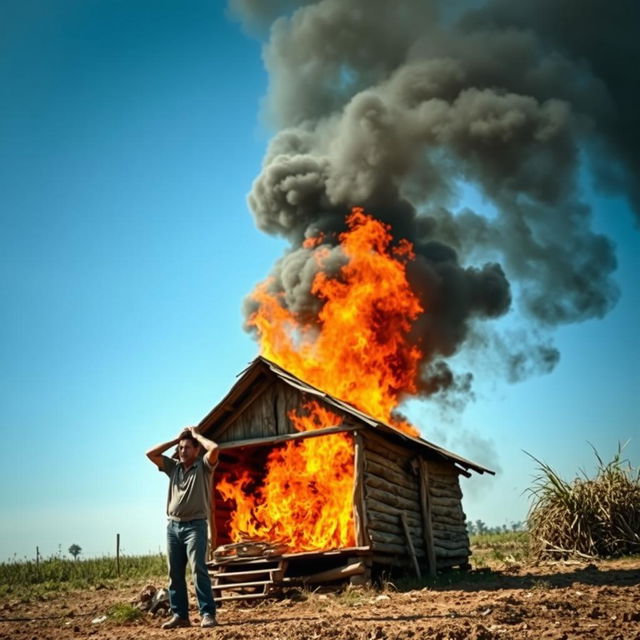A dramatic scene depicting a small wooden hut engulfed in flames, with bright orange and yellow flames consuming the structure