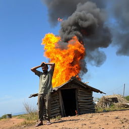 A dramatic scene depicting a small wooden hut engulfed in flames, with bright orange and yellow flames consuming the structure