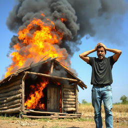 A dramatic scene depicting a small wooden hut engulfed in flames, with bright orange and yellow flames consuming the structure