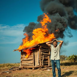 A dramatic scene depicting a small wooden hut engulfed in flames, with bright orange and yellow flames consuming the structure