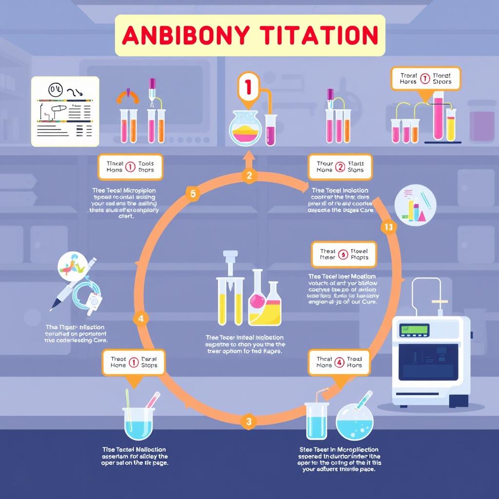 A vibrant and informative illustration depicting the 11 steps of an antibody titration process