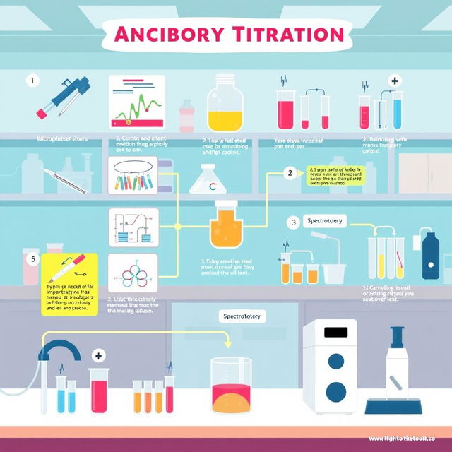 A vibrant and informative illustration depicting the 11 steps of an antibody titration process