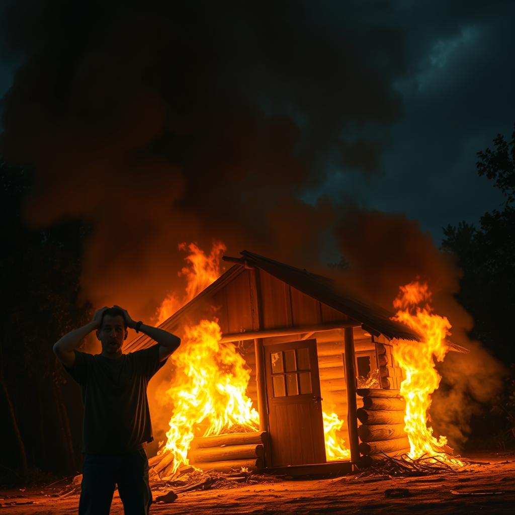 A dramatic scene depicting a small wooden hut engulfed in flames, with bright orange and yellow flames contrasting against a darkening sky