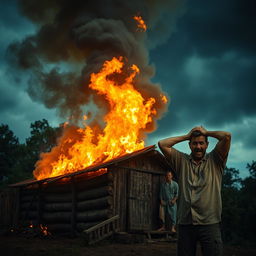 A dramatic scene depicting a small wooden hut engulfed in flames, with bright orange and yellow flames contrasting against a darkening sky