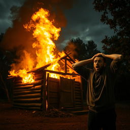 A dramatic scene depicting a small wooden hut engulfed in flames, with bright orange and yellow flames contrasting against a darkening sky