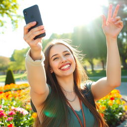 A vibrant selfie scene featuring a cheerful young woman with long flowing hair, holding her phone up high with a big smile