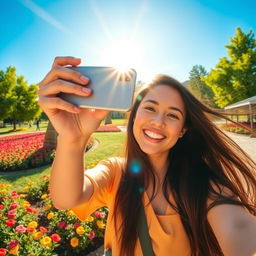 A vibrant selfie scene featuring a cheerful young woman with long flowing hair, holding her phone up high with a big smile